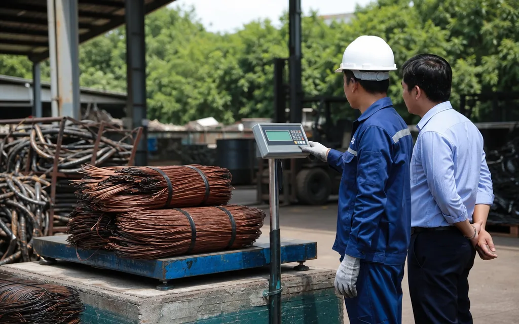 C&acirc;n điện tử x&aacute;c định khối lượng đồng phế liệu tại hiện trường