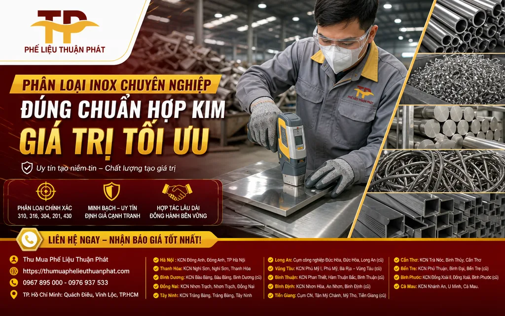 Kiểm tra th&agrave;nh phần v&agrave; ph&acirc;n loại c&aacute;c m&aacute;c inox phế liệu